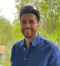 a man in a blue shirt