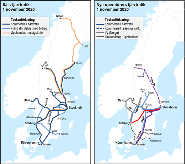 Kartor: SJ:s fjärrtrafik 1 november 2020 respektive nya operatörers fjärrtrafik Sverige.