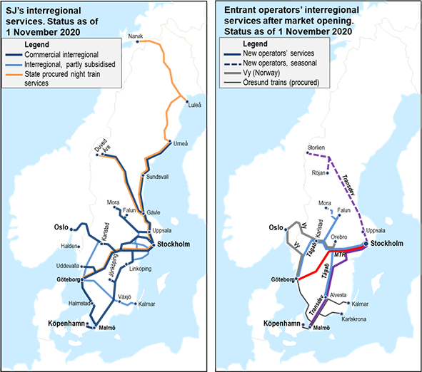 Maps: SJ’s interregional services in Sweden 1st November 2020 and entrant operators’, respectively.